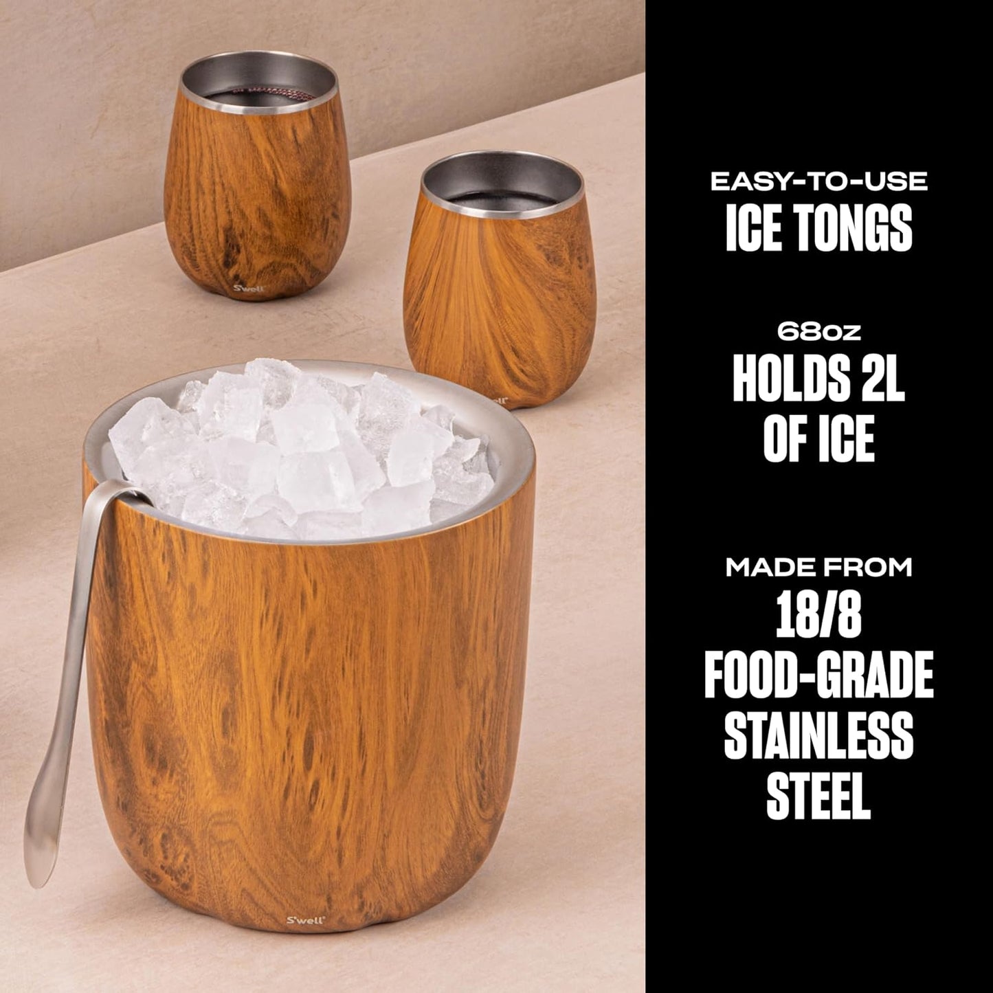 S’well Stainless Steel Ice Bucket with Tongs, 68oz Capacity, Teakwood Finish, Triple-Layer Vacuum