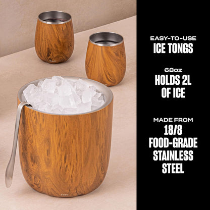S’well Stainless Steel Ice Bucket with Tongs, 68oz Capacity, Teakwood Finish, Triple-Layer Vacuum