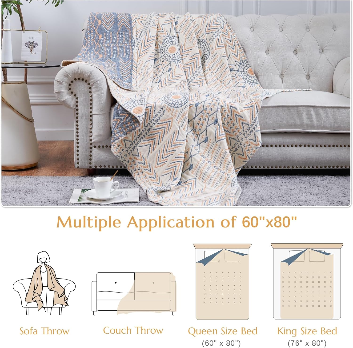 jinchan Boho 100% Cotton Muslin Twin Size 60x80 Throw Blanket Lightweight 4-Layer Orange Reversible