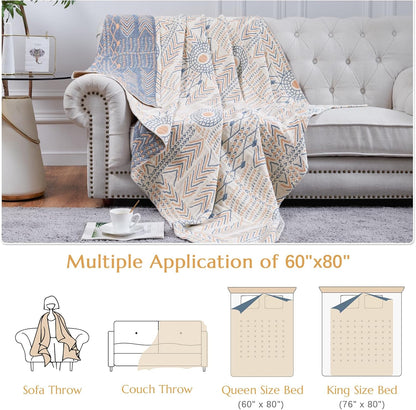 jinchan Boho 100% Cotton Muslin Twin Size 60x80 Throw Blanket Lightweight 4-Layer Orange Reversible