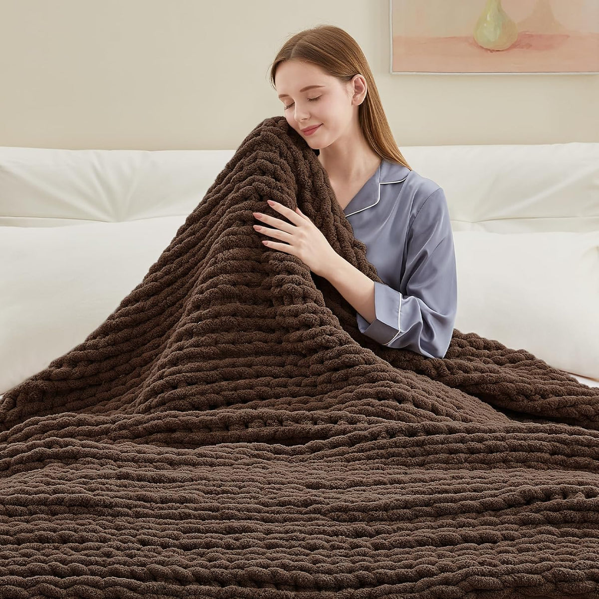 Chunky Knit Throw Blanket, 40''*50'' Knitted Throw Chenille Yarn for Bed Couch, Handmade Dark Brown
