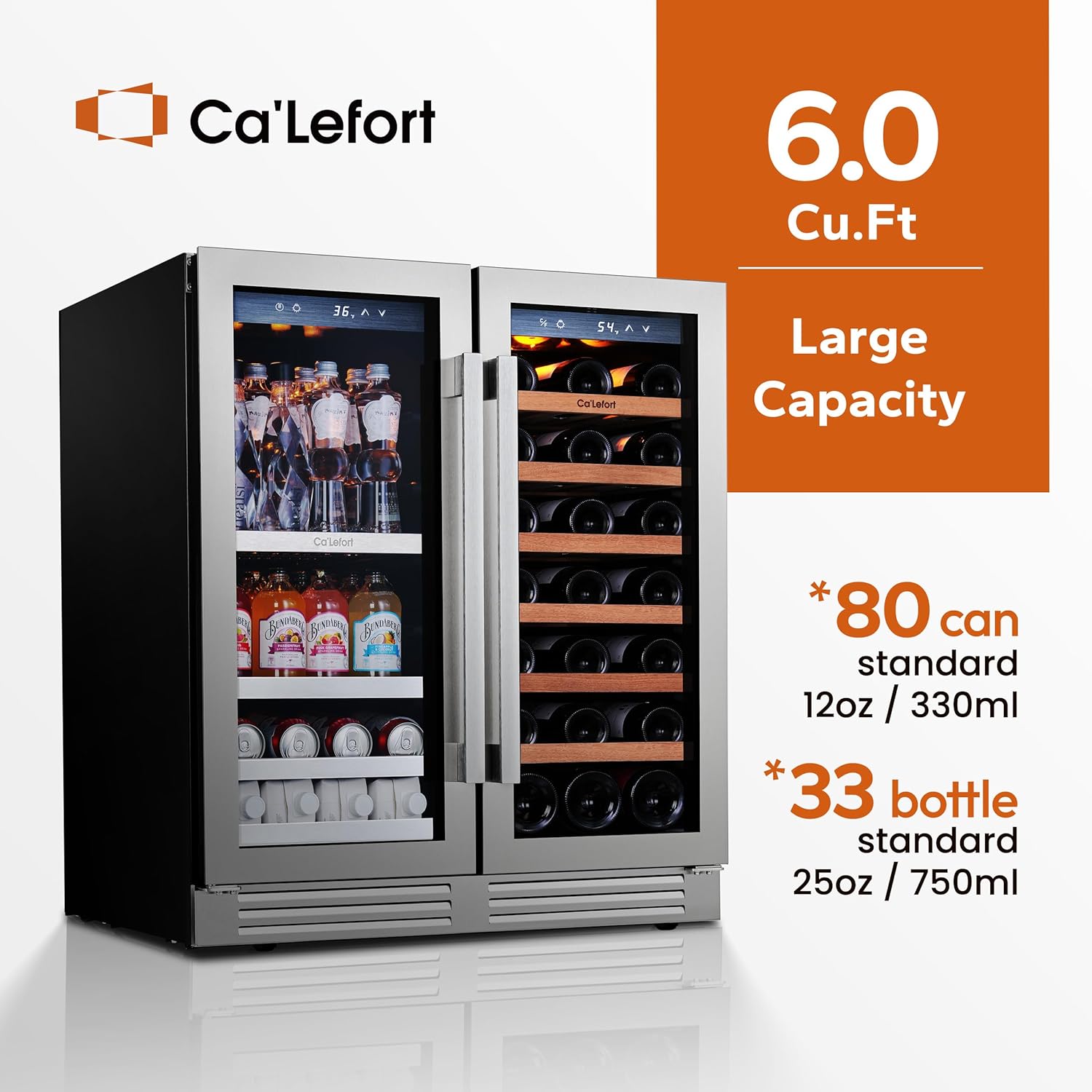 Ca'Lefort 30 Inch Wine and Beverage Refrigerator, 80 Can and 33 Bottle French Door Wine