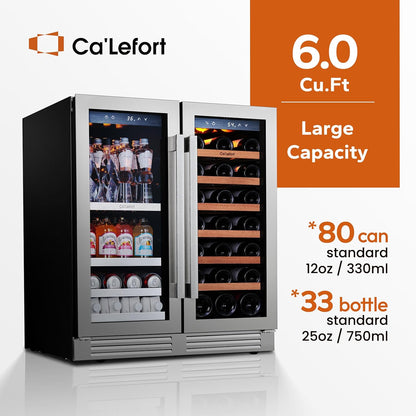 Ca'Lefort 30 Inch Wine and Beverage Refrigerator, 80 Can and 33 Bottle French Door Wine