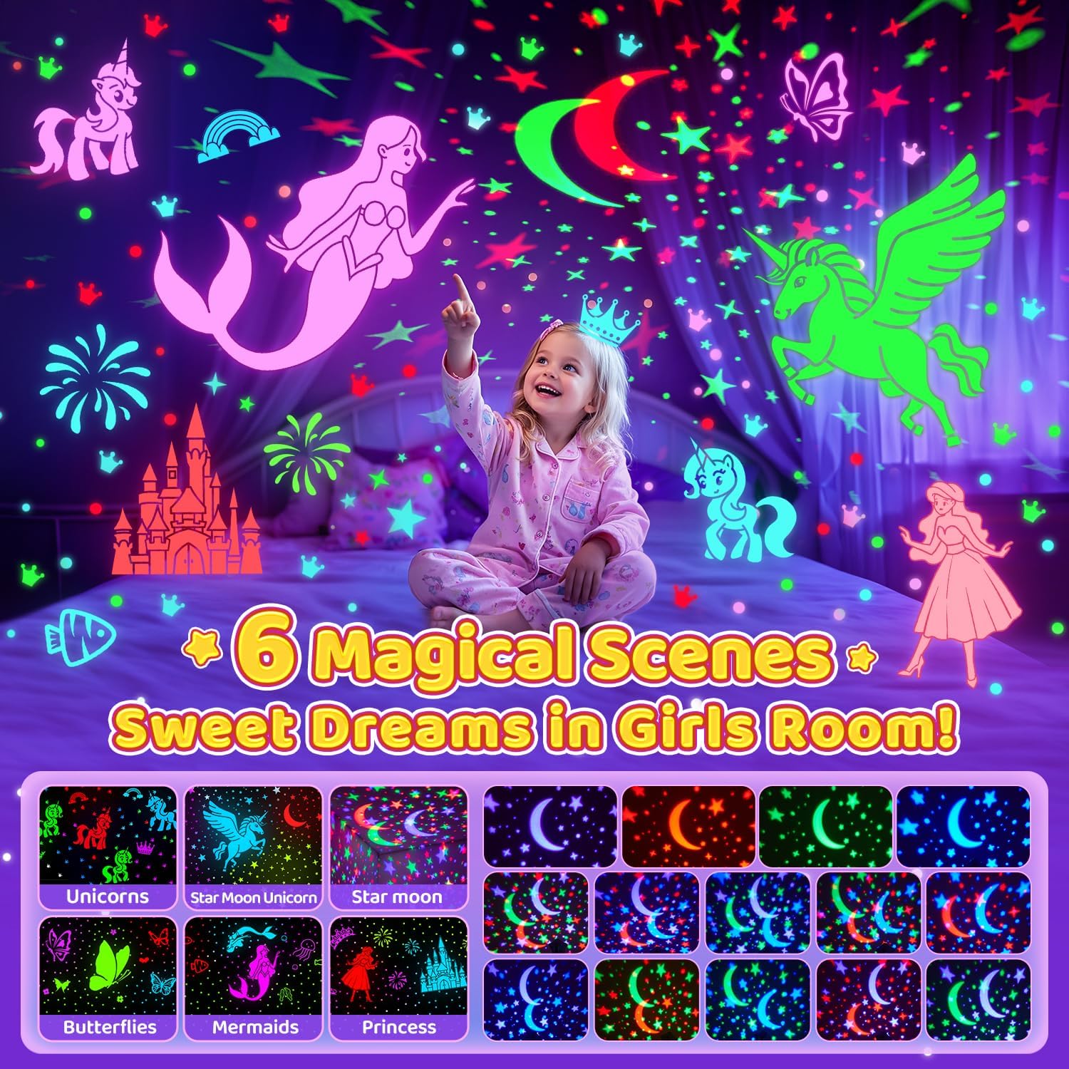 One Fire Unicorns Gifts for Girls Toys, 6 Films Unicorn Night Light Projector for