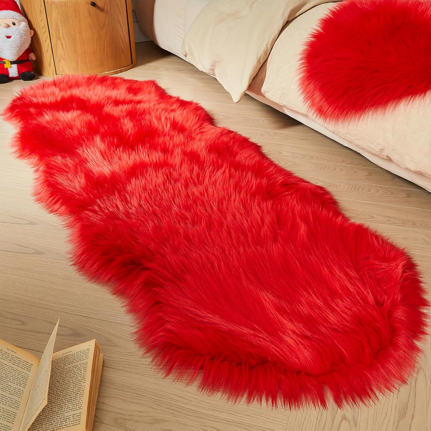 AMTOVO Faux Sheepskin Rug, Red Ultra Soft Fluffy Shag Area Rug, 2 x 6 ft Faux Fur Rug for Bedroom