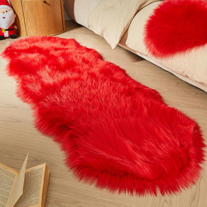 AMTOVO Faux Sheepskin Rug, Red Ultra Soft Fluffy Shag Area Rug, 2 x 6 ft Faux Fur Rug for Bedroom