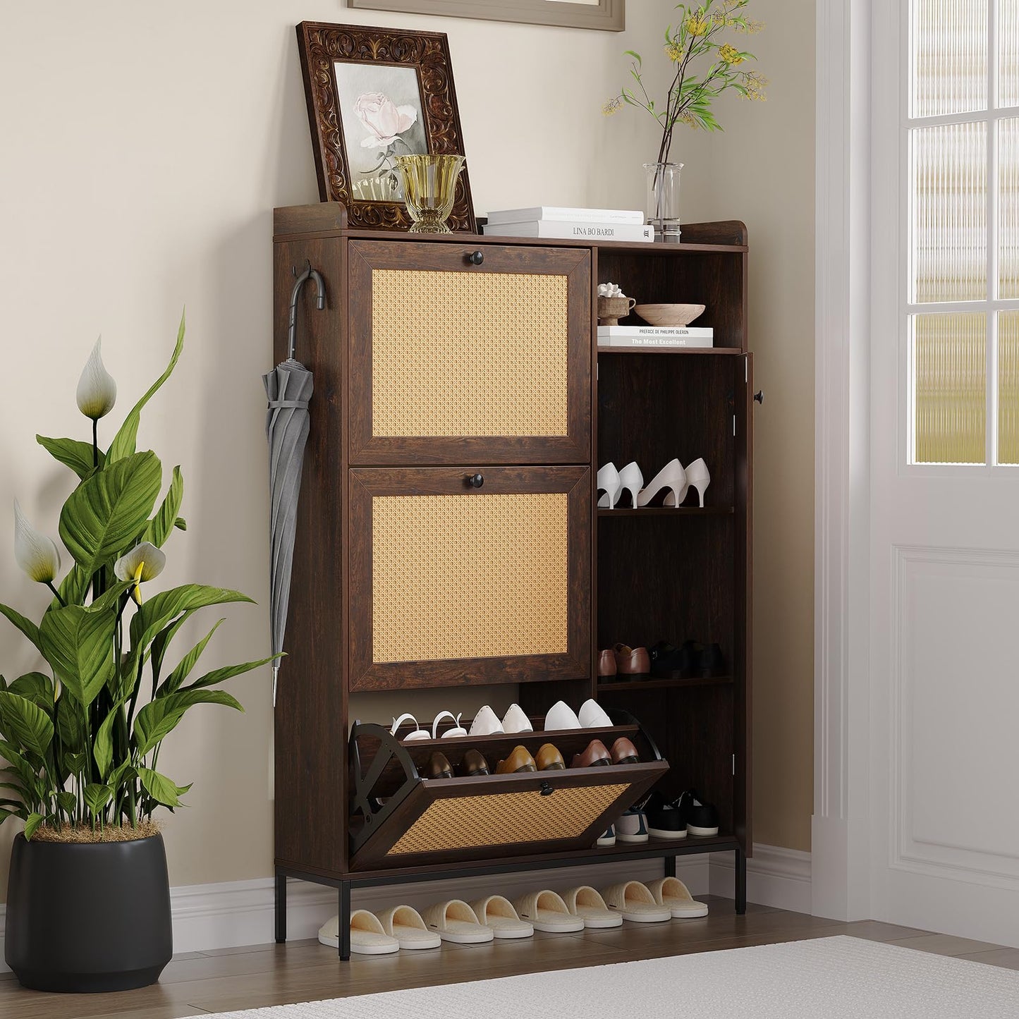 Rattan Shoe Cabinet, Shoe Cabinets with 3 Flip Drawers, Adjustable Shelves