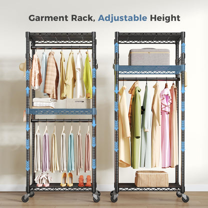 OLIXIS Clothes Rack Heavy Duty Adjustable Garment Clothing Rack with Wheels, Rolling Metal
