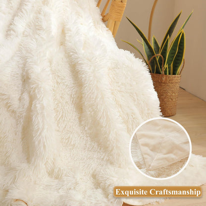 XeGe Luxury Faux Fur Throw, Ivory Soft 50x60 Fluffy Blanket, Ivory Shaggy Plush Decorative Couch