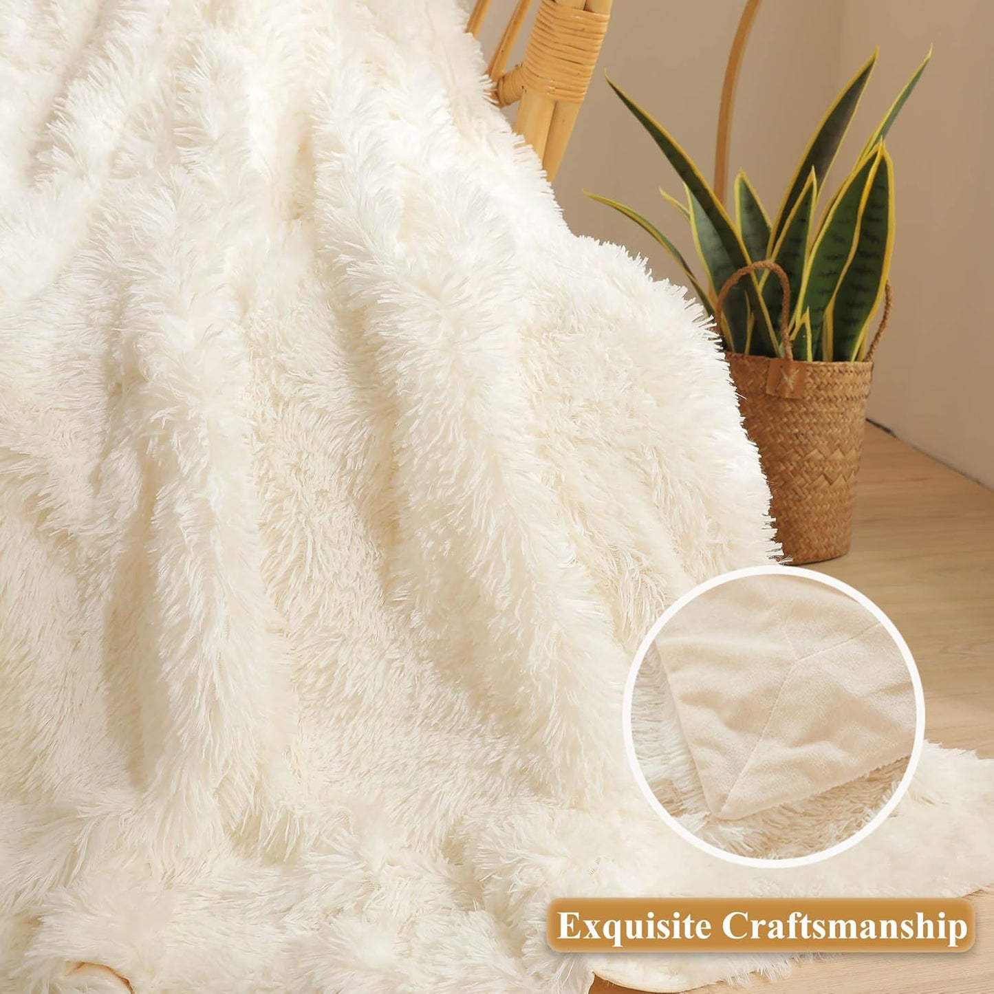 XeGe Luxury Faux Fur Blanket, Ivory Soft Big Fluffy Throw, Shaggy Plush Decorative Couch Blanket