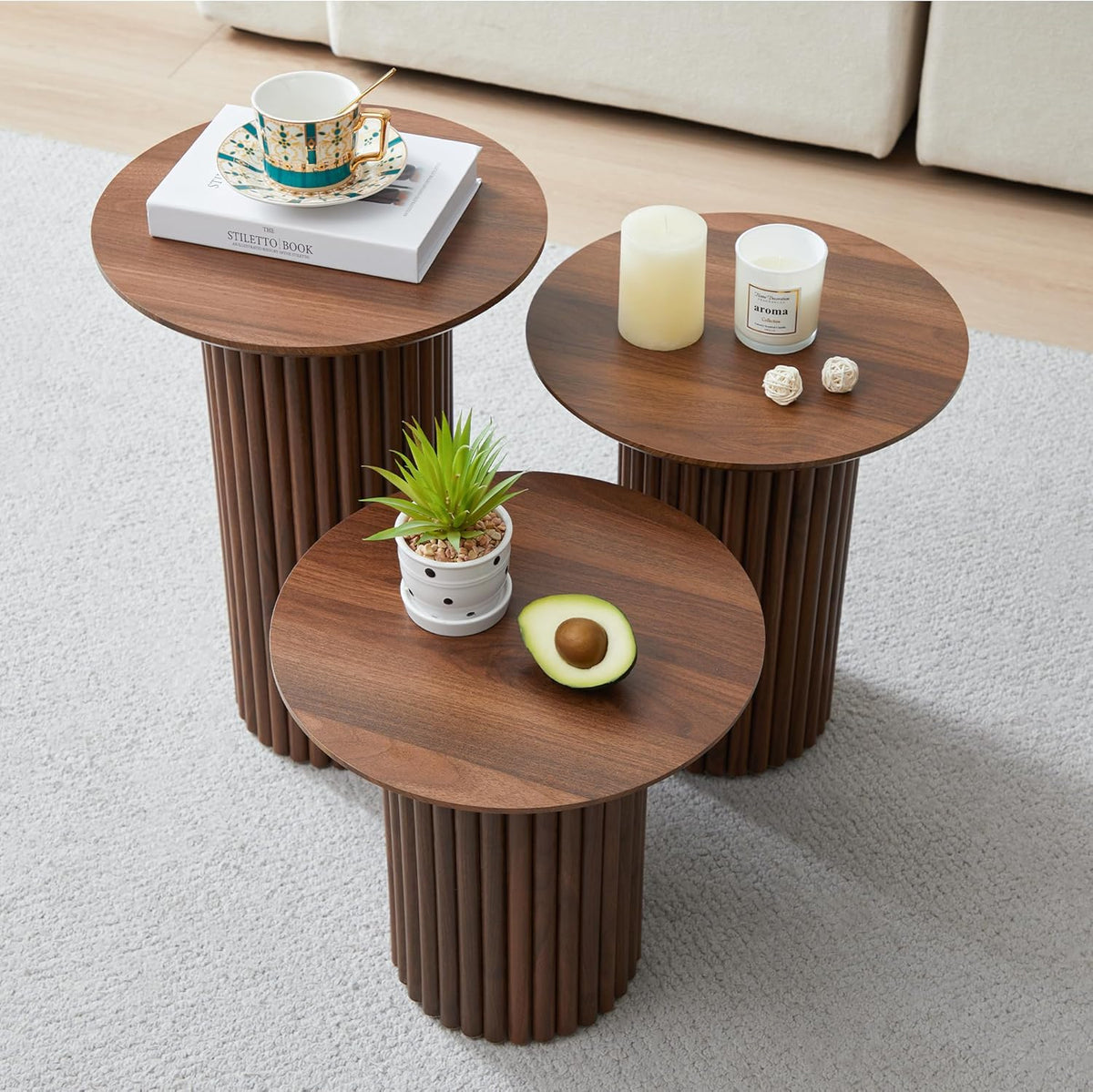 Round Nesting Coffee Table Set of 3,Mid Century Modern Fluted Coffee and End Table Set,Small Circle