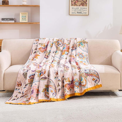 Boho Throw Blanket for Bed, 100% Cotton Soft Rustic Quilt Fall Blanket, 90"x98" Floral Printed