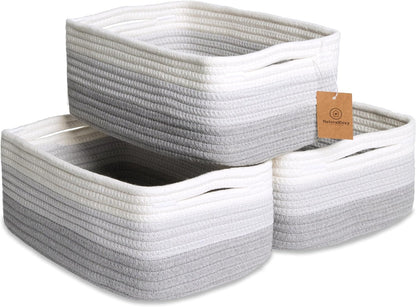 NaturalCozy 11.8"x8"x4.5” Rectangle Storage Baskets for Shelves 3 Pack | Cotton Rope Woven Small