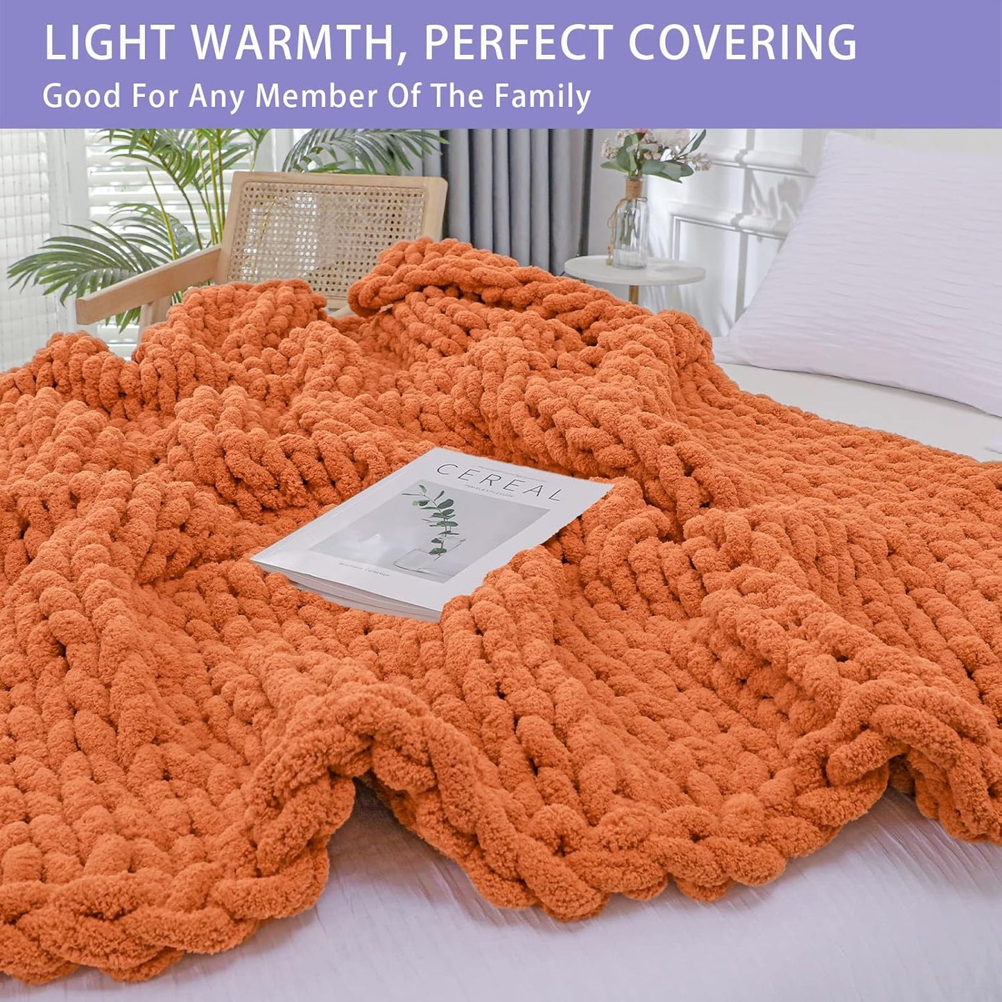 Bigacogo Chunky Knit Throw Blanket for Couch, 51x63 inches, 100% Hand Knitted with Thick Jumbo