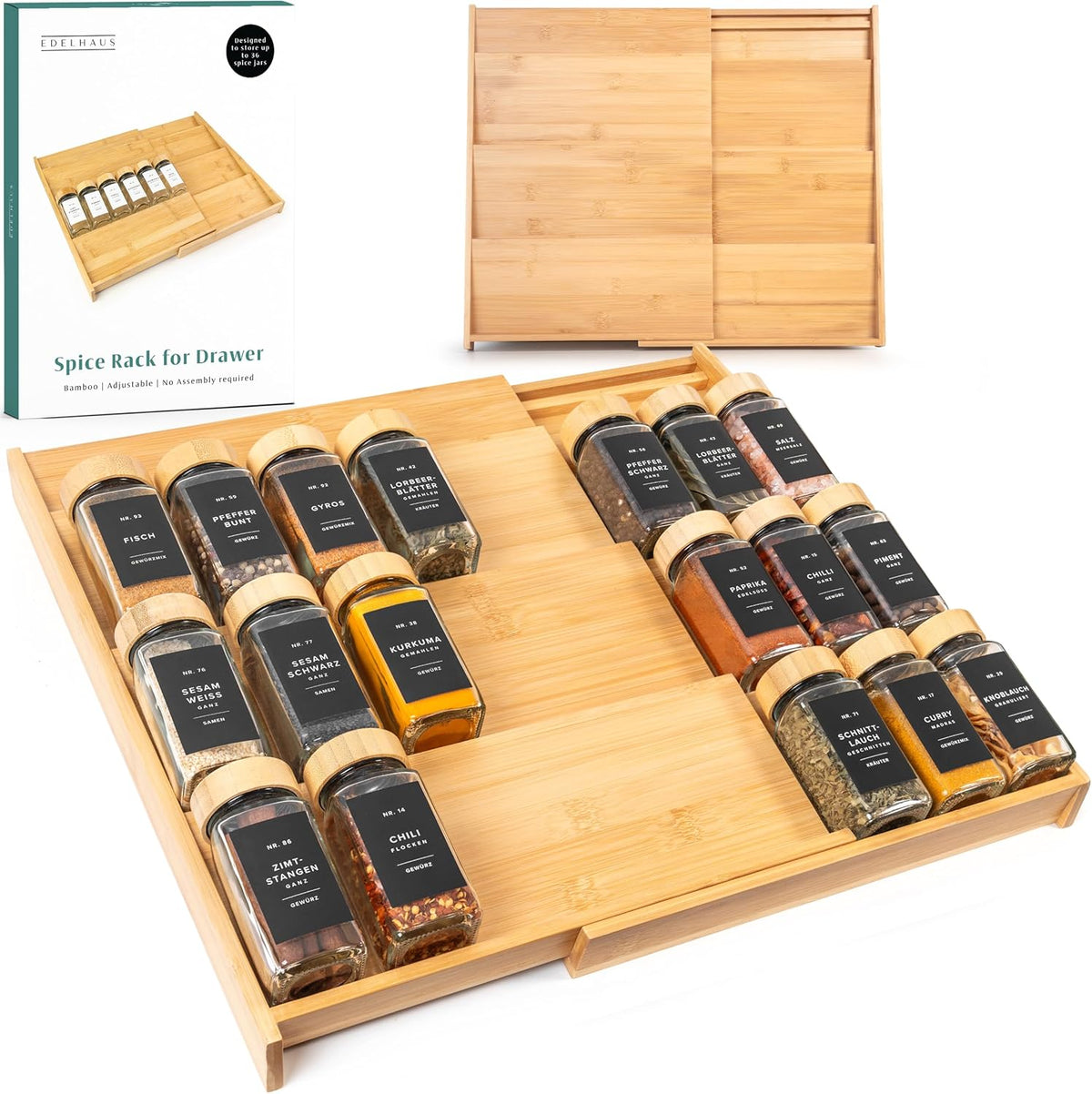 Bamboo Spice Drawer Organizer - Expandable 4 Tier Spice Rack (Need 3" Deep Drawer) 12" to 24" Wide