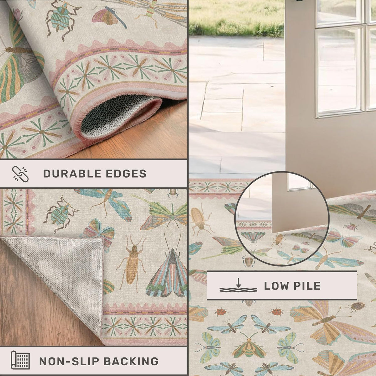 Neutral Girl Nursery Rug 4x6 - Beige & Pink Rugs for Bedroom, Living Room - Washable Low Pile