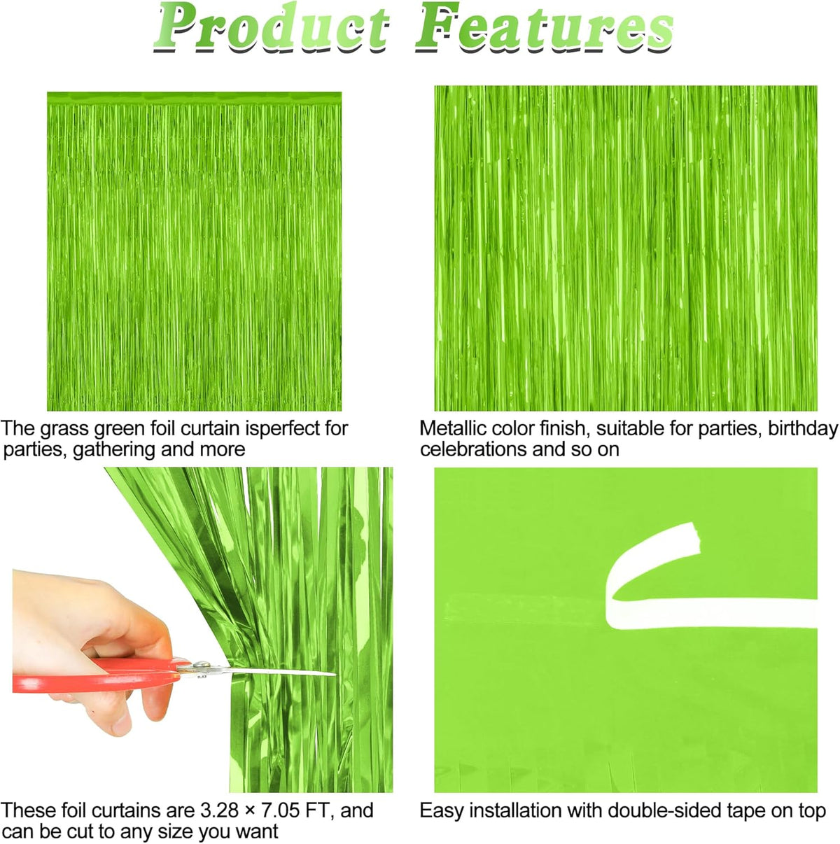 2 Pack Backdrop Curtains, 3.28 Feet x 7.05 Feet Grass Green Fringe Curtains, Metallic Tinsel
