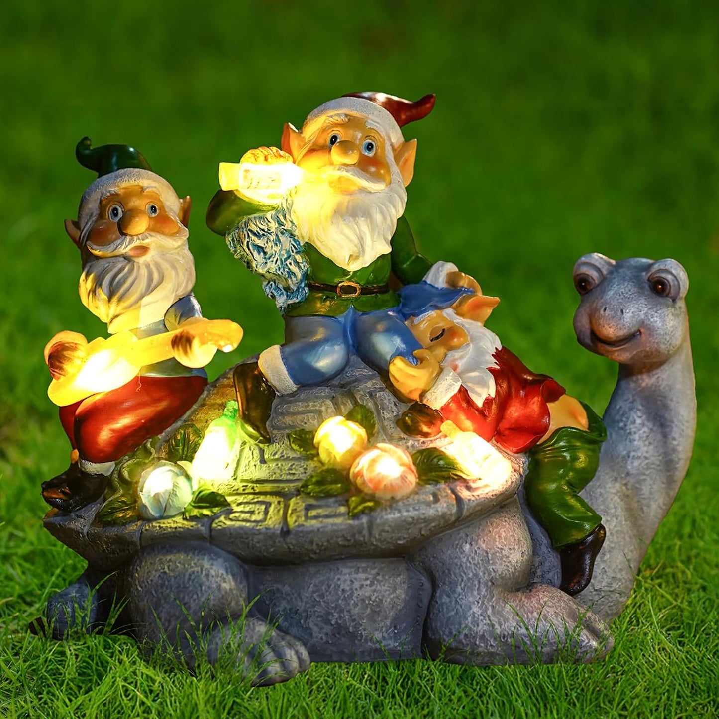 Upgraded Size Solar Garden Outdoor Statues Three Gnomes having party on turtle with 7 LED Solar