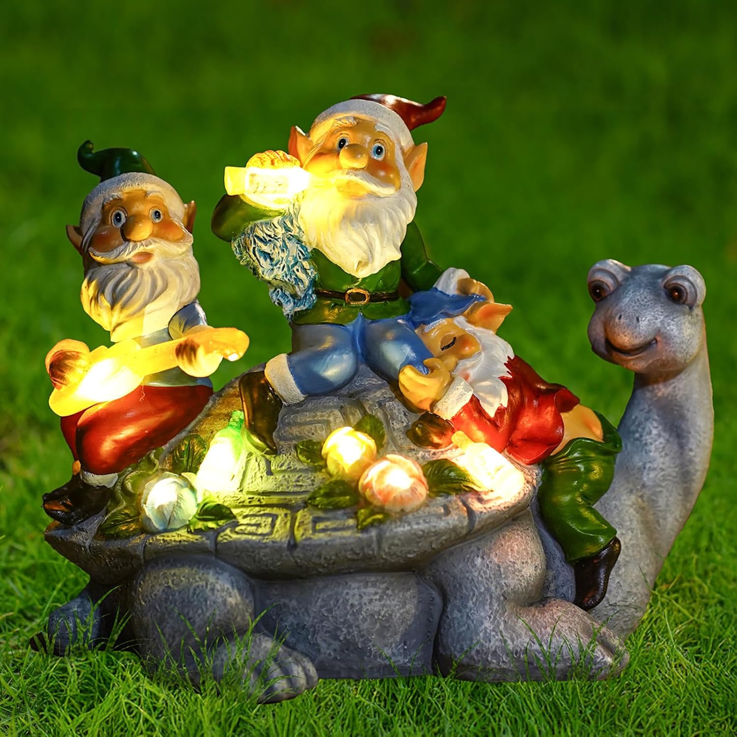 Upgraded Size Solar Garden Outdoor Statues Three Gnomes having party on turtle with 7 LED Solar