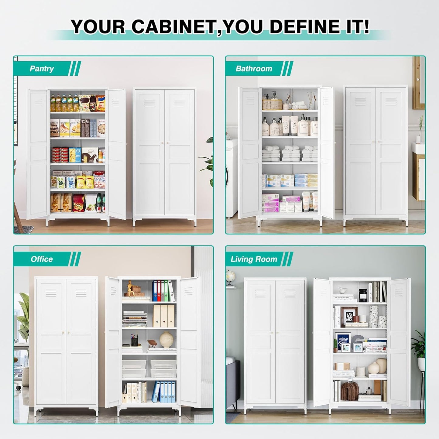 SISESOL Metal Storage Cabinet with Doors and Shelves,White Storage Cabinet with Leg & Vent