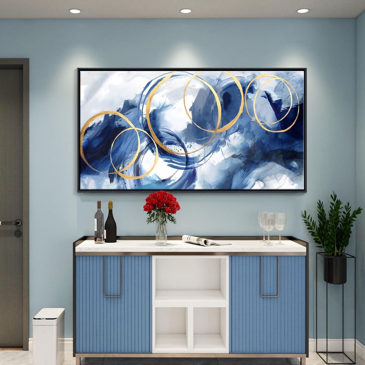 AJAZIKO Large Framed Canvas Wall Art Blue Abstract Wall Art Pictures for Living Room Bedroom
