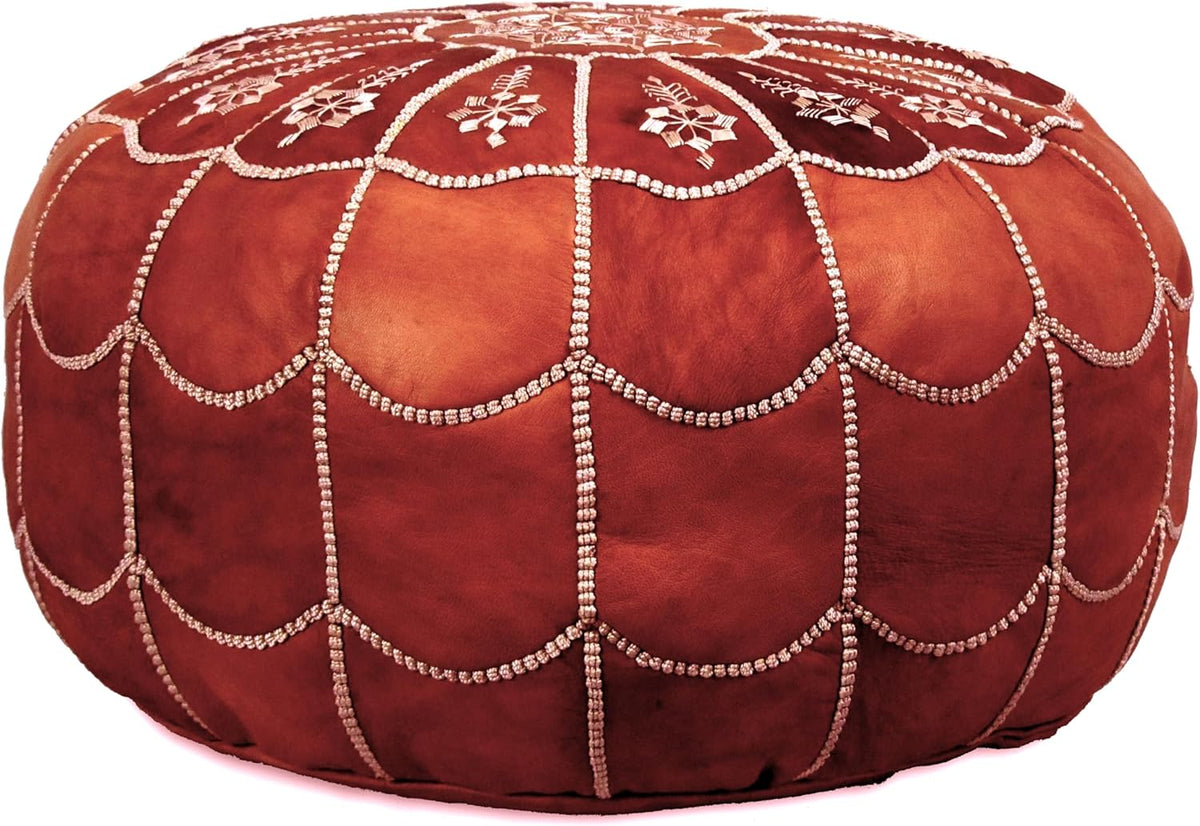Stuffed Arch Design Moroccan Leather Pouf Ottoman, Handmade, Pre-Filled, 100% Genuine Leather, 14”