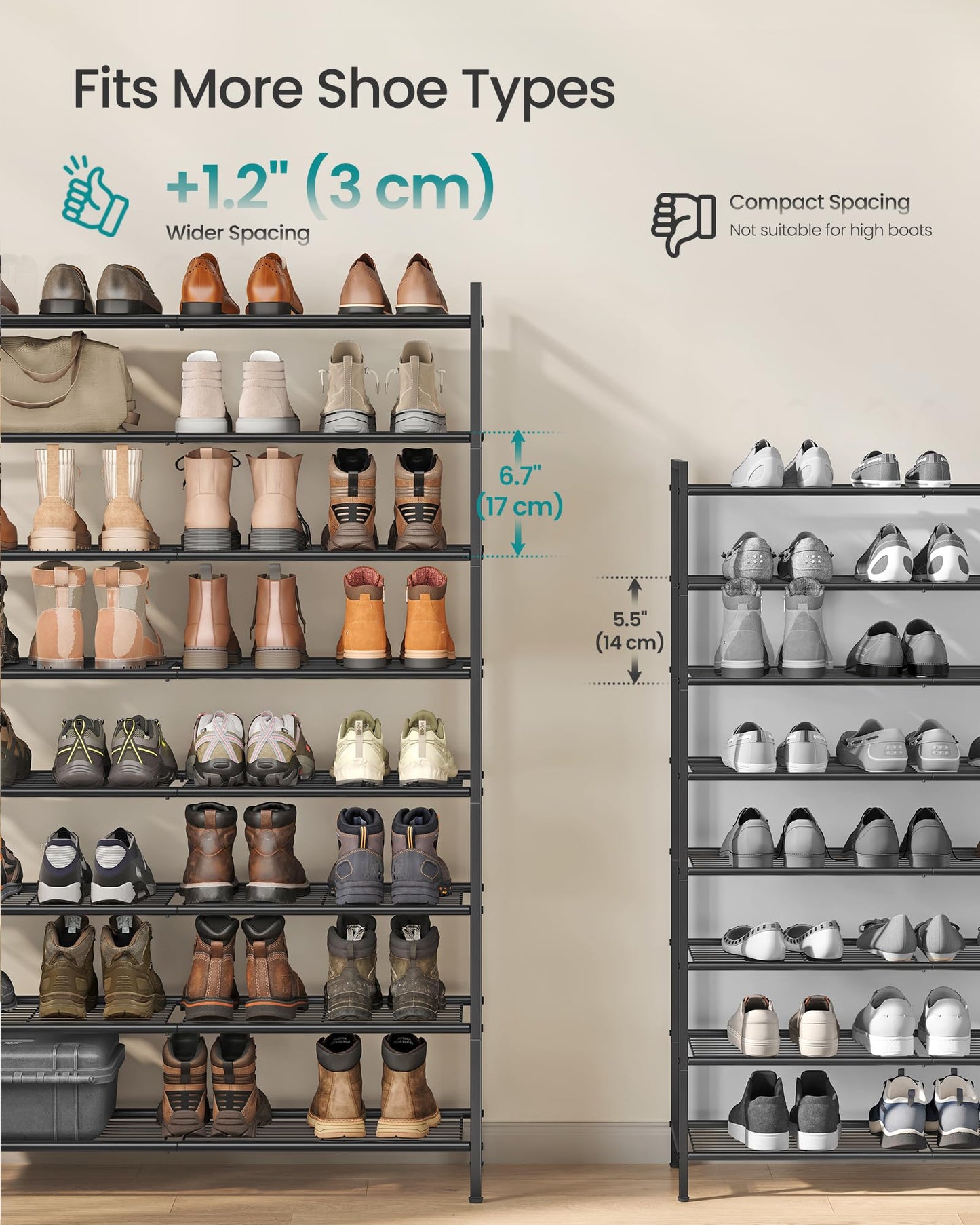 SONGMICS Metal Shoe Rack, Free Standing Shoe Organizer for Entryway Closet Garage Small Spaces
