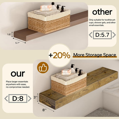 Floating Shelves 3 inch Thick for Wall Set of 2,Solid Pine Wood Wall Mount Shelf for Kitchen Living