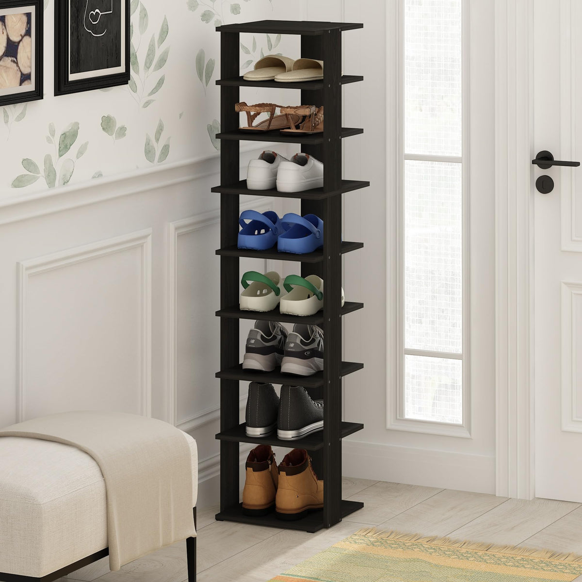 Furinno Compact Vertical Shoe Rack, 9-Tier Narrow Shoe Organizer, Free Standing Shoe Storage, Shoe