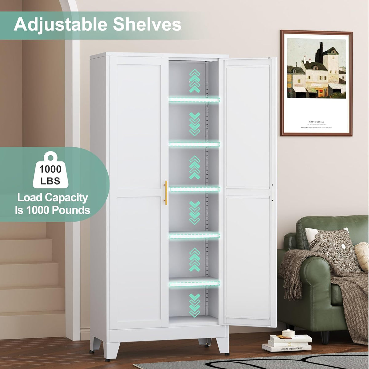 Metal Pantry Cabinet with 2 Doors and 5 Adjustable Shelves, 75" Kitchen Storage cabinets with Gold