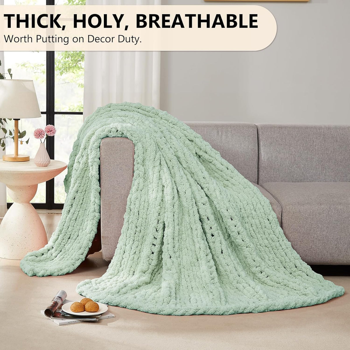 L'AGRATY Chunky Knit Blanket Throw: 50''x60'' Chenille Chunky Knitted Throw Blanket for Bed Couch