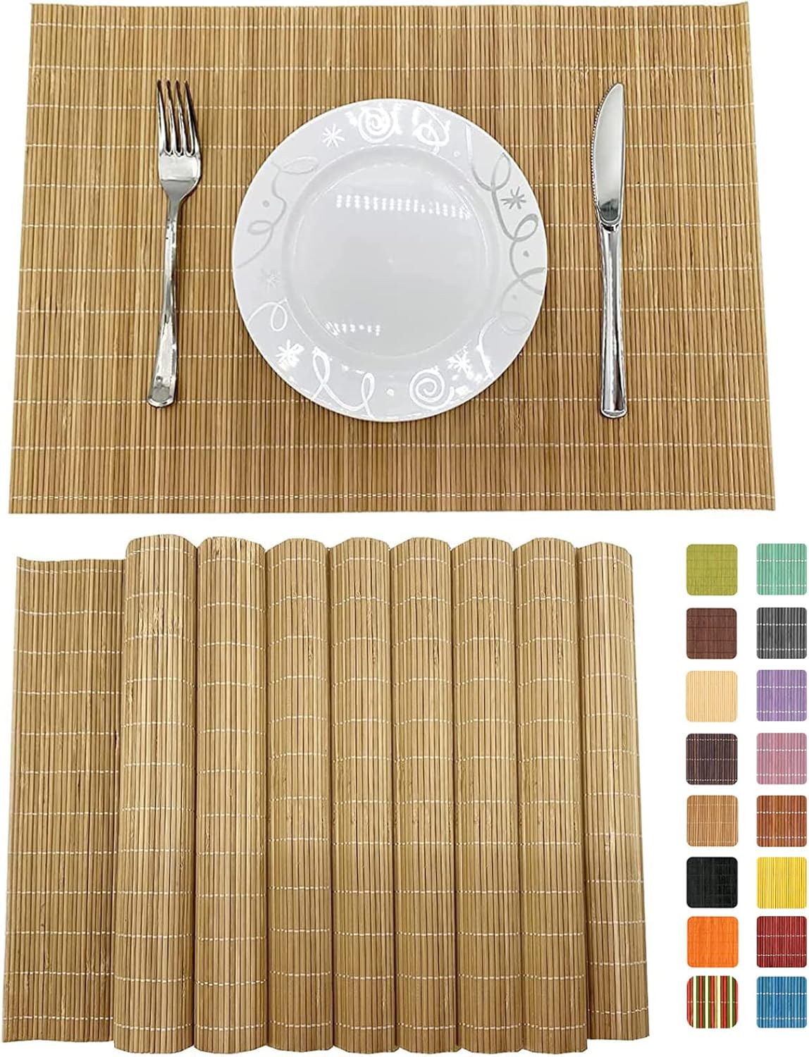 ANDSTAR Set of 8 Pcs Bamboo Placemats Sushi Rolling Mat Japanese Style Natural Anti-Slip, Washable