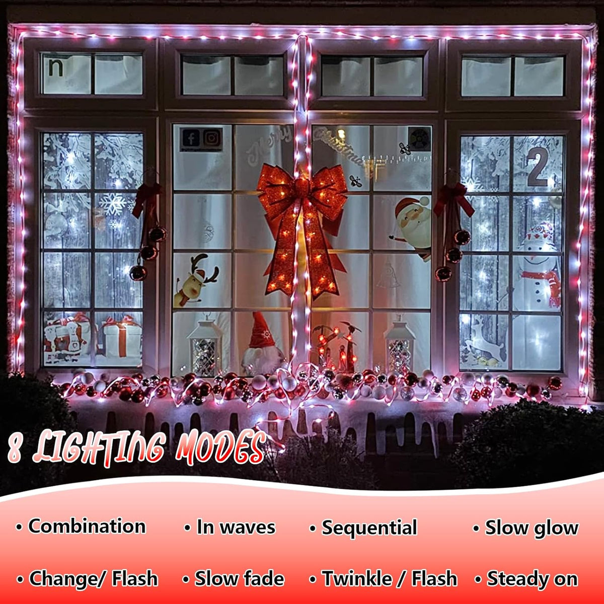 YEGUO Solar Christmas Candy Cane Rope Lights, 2 Packs Each 33ft 100 LED Red & White Solar Rope