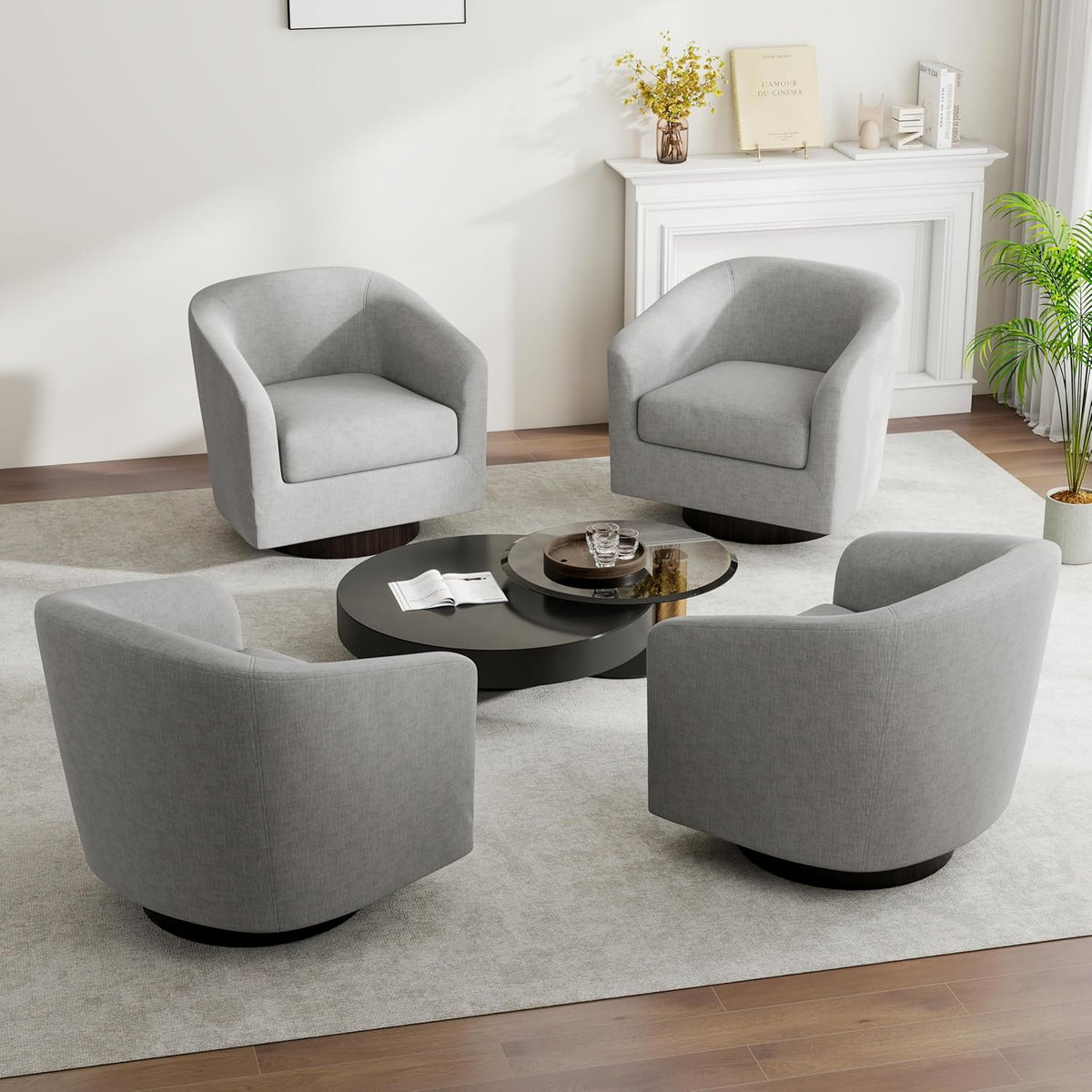 Swivel Barrel Accent Chair, Modern Round Linen Arm Chair for Living Room, Bedroom, Comfy Club