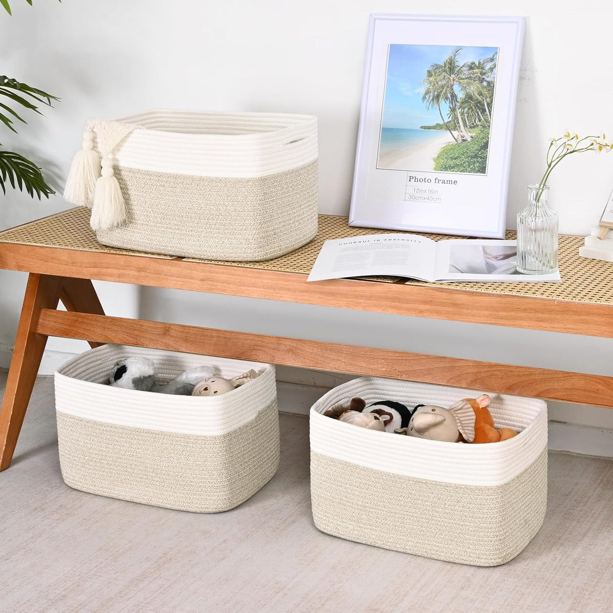 Shelf Baskets for Organizing, Woven Storage Basket for Shelves, Cotton Rope Storage Bins for Toys