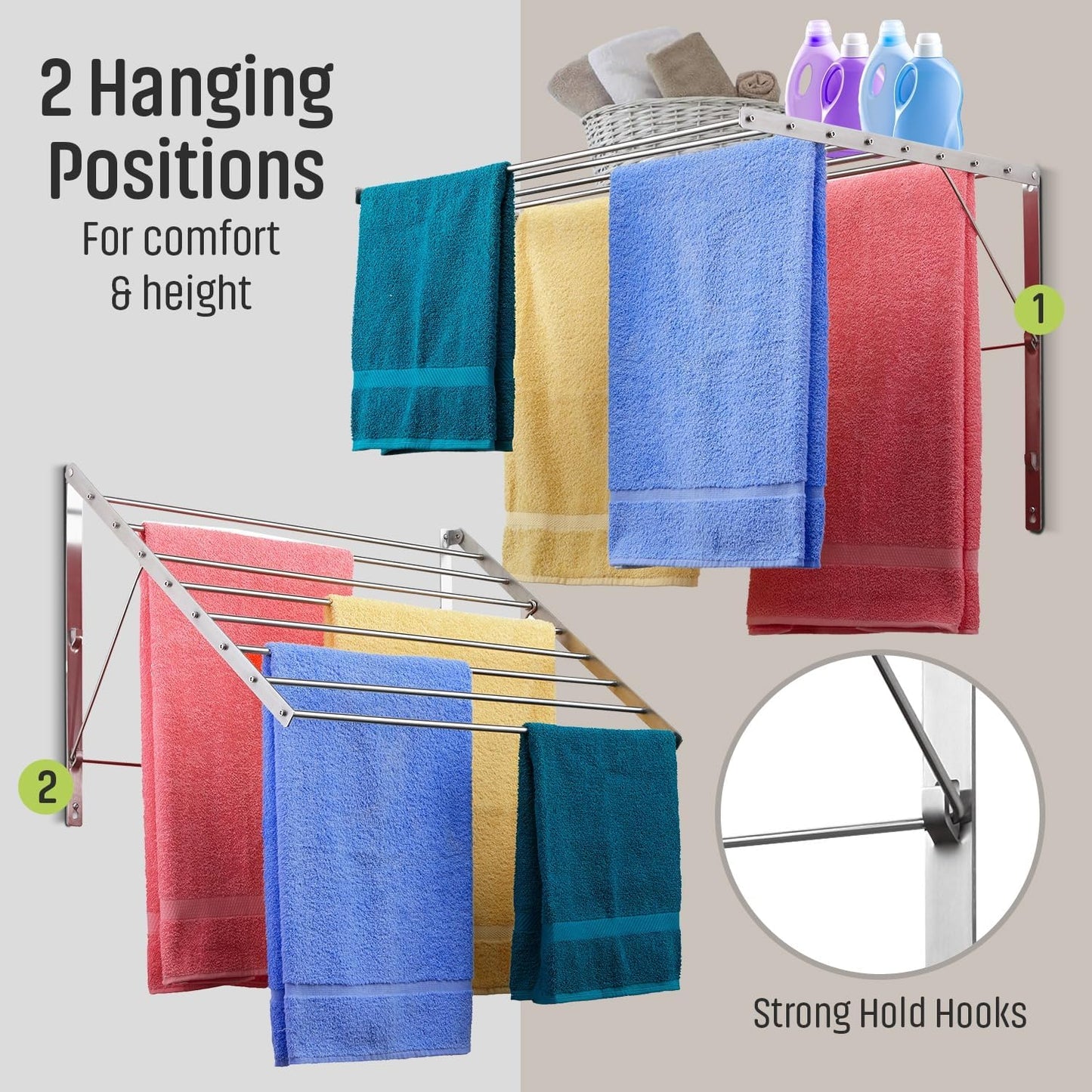 Smartsome | Wall Mounted | Clothes Drying Rack | 30" Wide | 20 Linear Feet Capacity | 8 Smooth