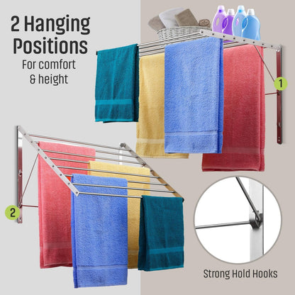 Smartsome | Wall Mounted | Clothes Drying Rack | 30" Wide | 20 Linear Feet Capacity | 8 Smooth