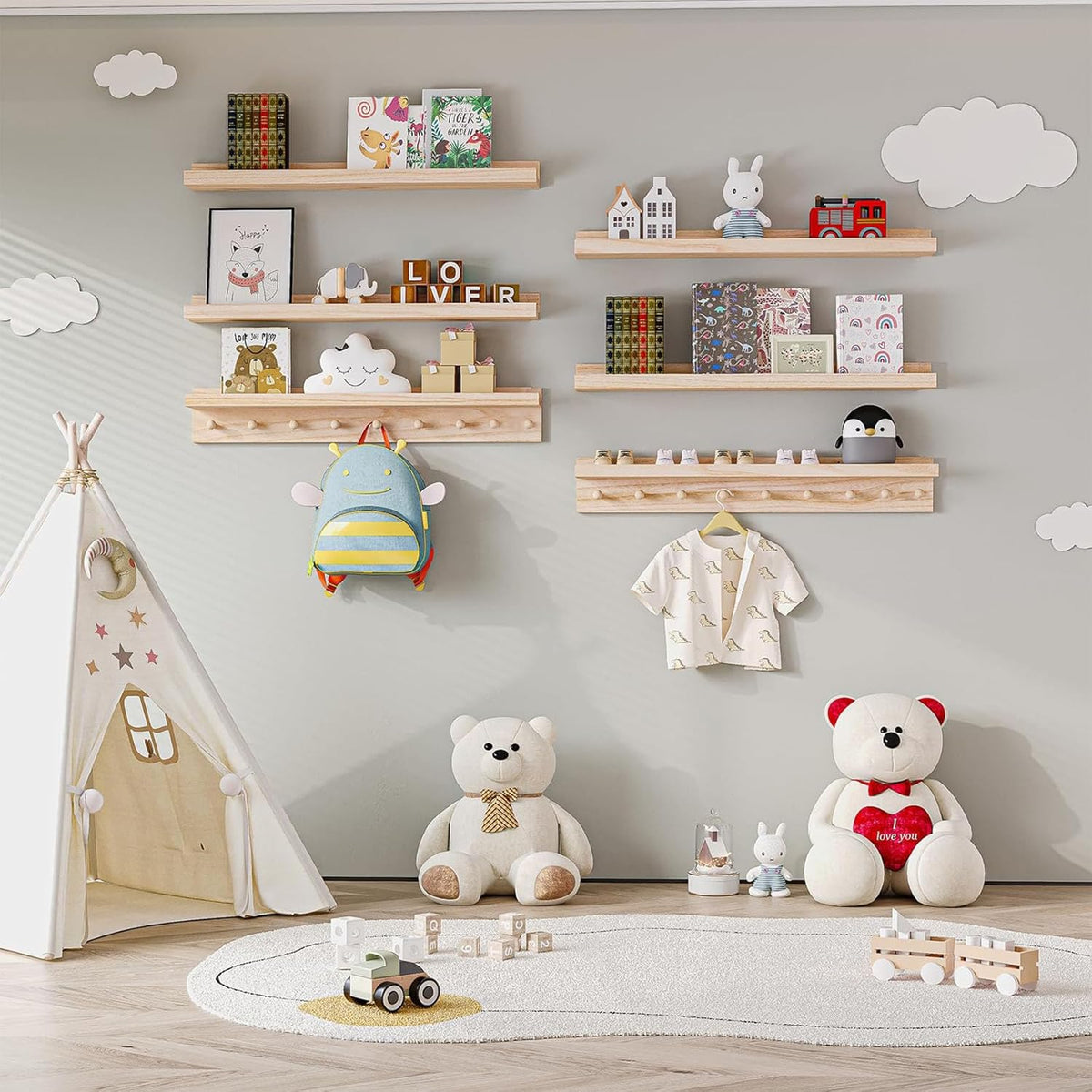 MBYD Wood Wall Shelf With Hooks Floating Shelves for Wall Bathroom Shelves Wall Mounted Nursery