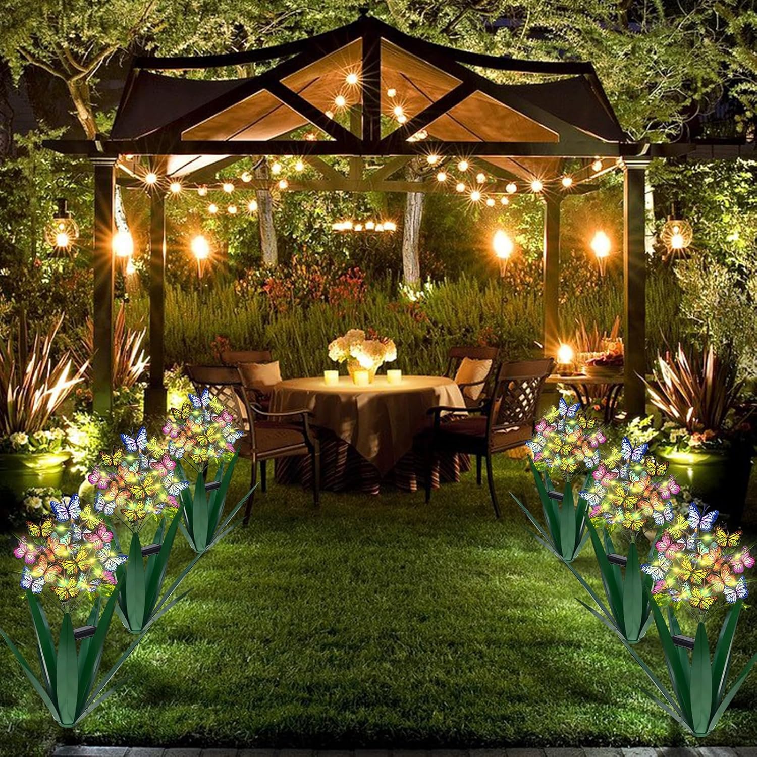 Homight Solar Metal Agave Butterfly Flower Stick Garden Sculpture - Outdoor Christmas Lights With