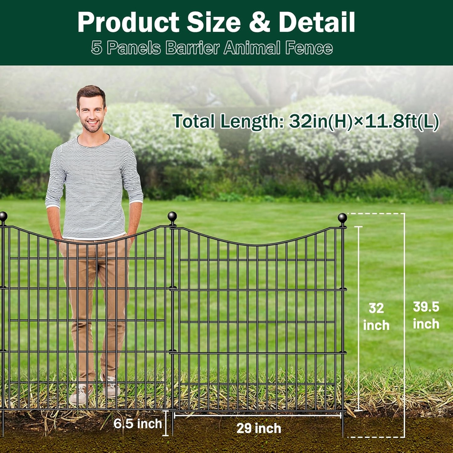 5 Panels No Dig Dog Fence Outdoor for Yard, 32 in(H) X 12 ft(L) Decorative Tall Garden Fence Animal