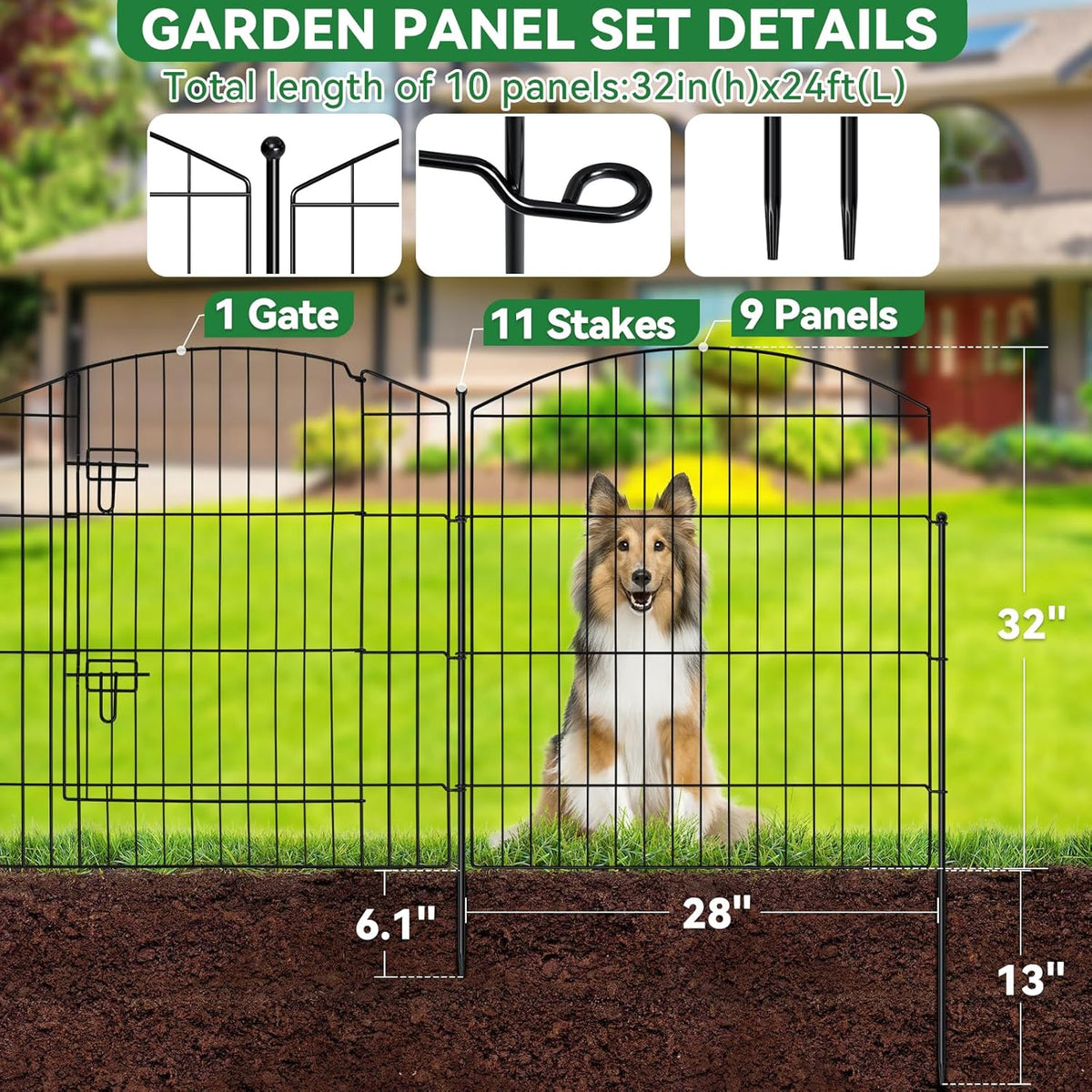 No Dig Decorative Garden Fence with Gate 32in (H) x 24ft (L), 9 Panels + 1 Gate +11 Stakes