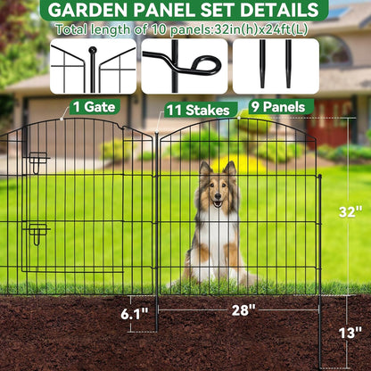 No Dig Decorative Garden Fence with Gate 32in (H) x 24ft (L), 9 Panels + 1 Gate +11 Stakes