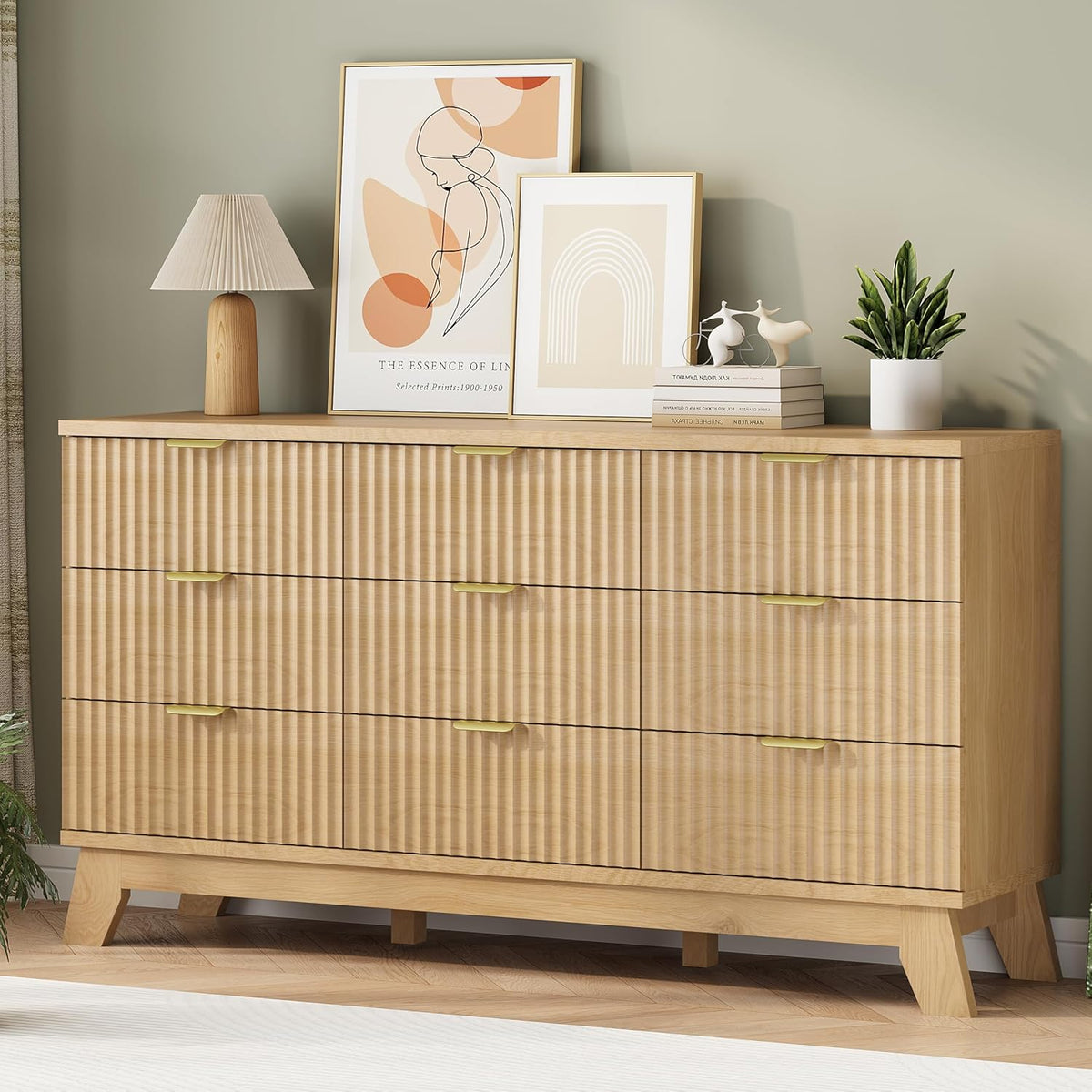 Fluted Dresser for Bedroom with 9 Drawers, 57" Wide Modern Chest of Drawers with Metal Handle