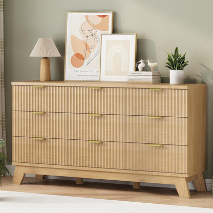 Fluted Dresser for Bedroom with 9 Drawers, 57" Wide Modern Chest of Drawers with Metal Handle