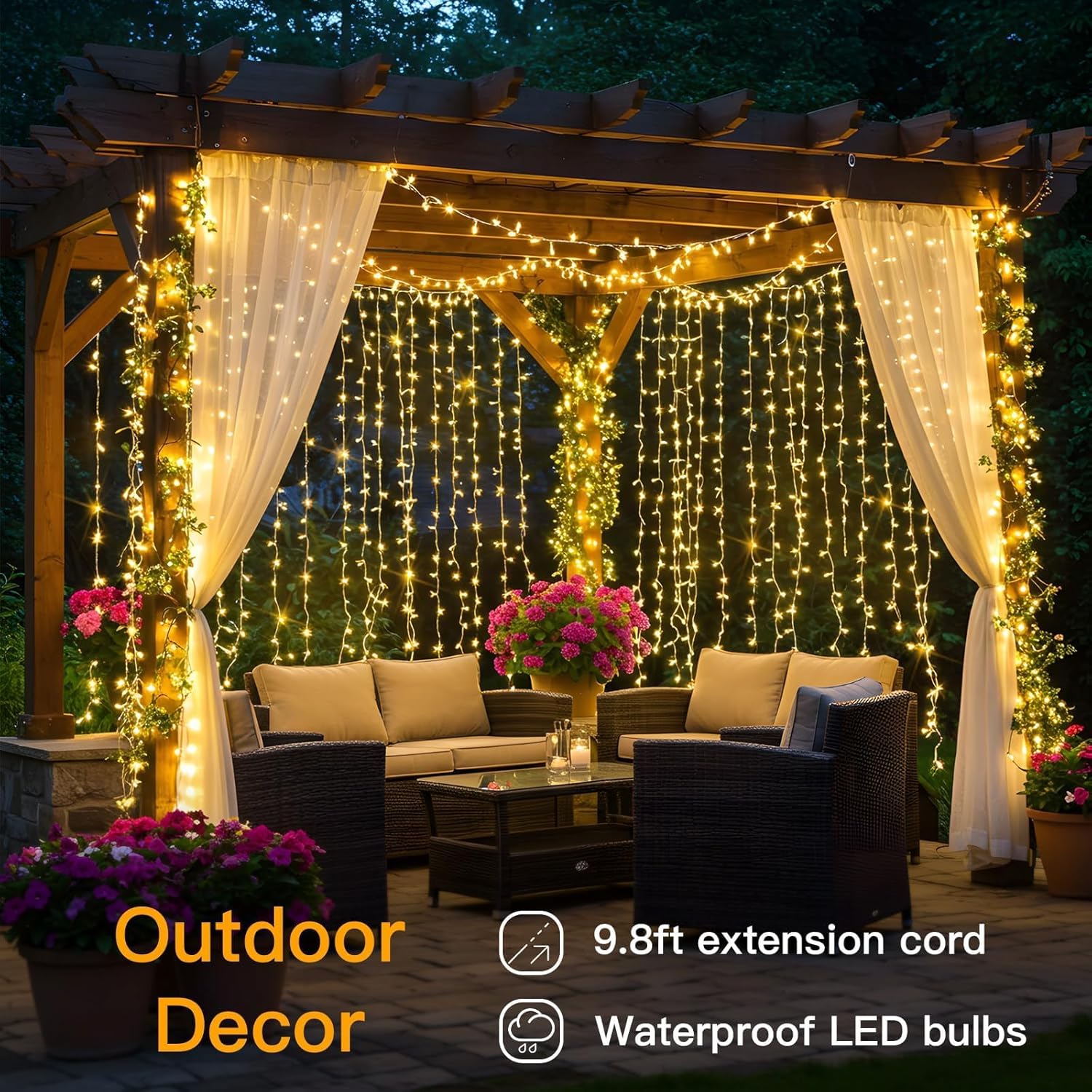 suddus Curtain Lights for Bedroom, 200 Led Hanging String Light Outdoor, Fairy Curtain Lights