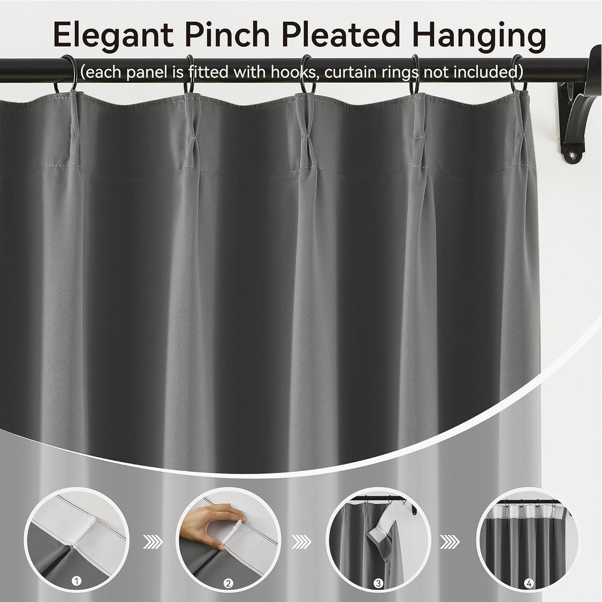 KangBang Grey Pinch Pleated Blackout Curtains 108 Inches Long for Hall Windows, Sound Dampening