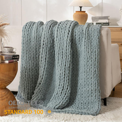 Chunky Knit Blanket Throw, 100% Hand Knit Throw Blanket Handmade Chenille Cable Knit Throw for