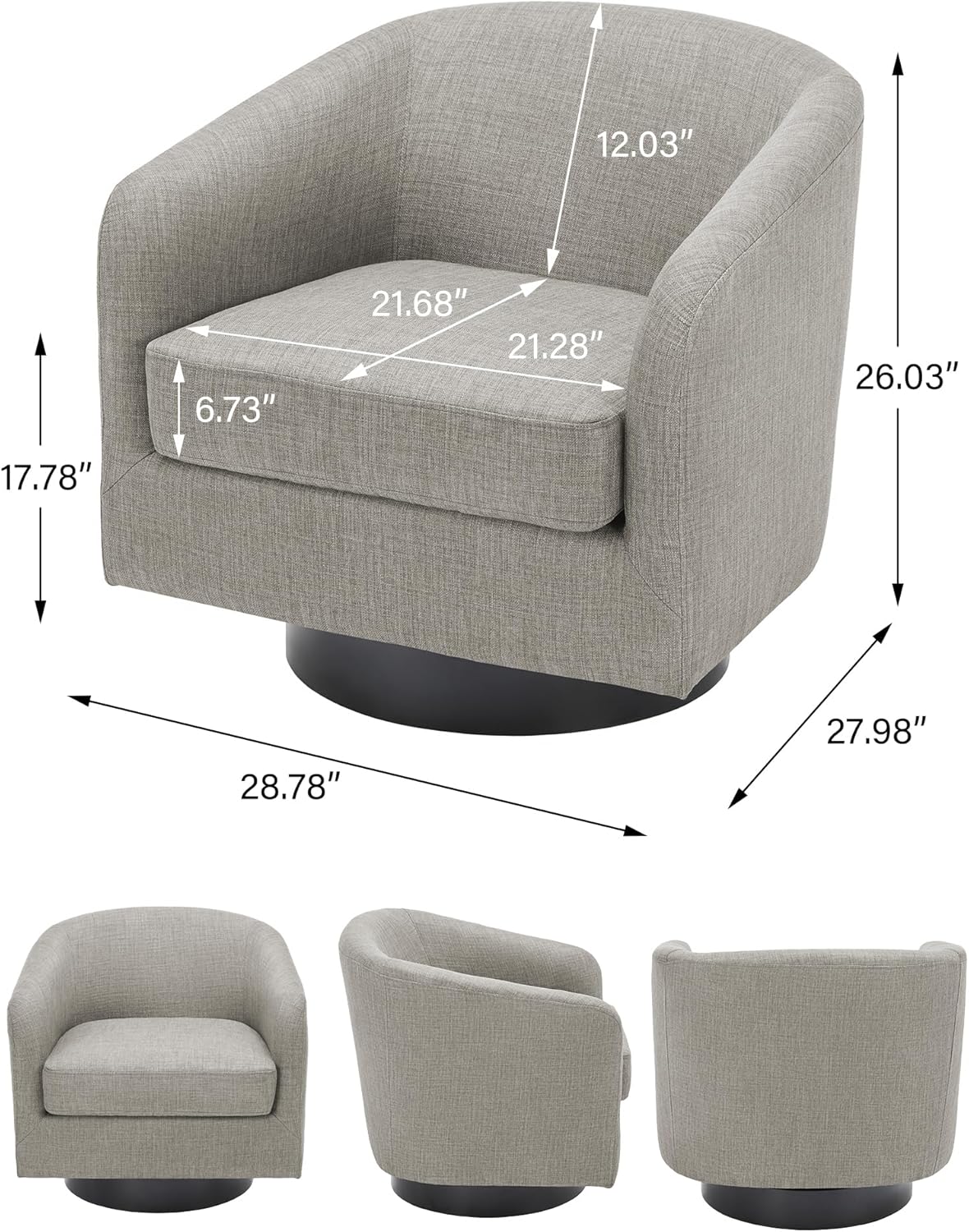 Swivel Barrel Accent Chair, Modern Round Linen Arm Chair for Living Room, Bedroom, Comfy Club