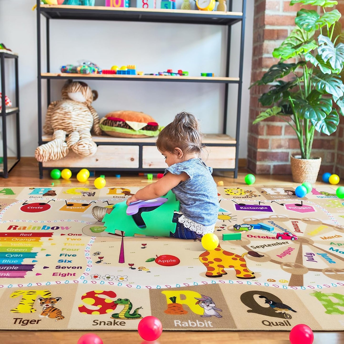 7x10 Playroom Rugs for Kids Washable, Educational and Fun Playmat with ABC Alphabet Animals Shapes