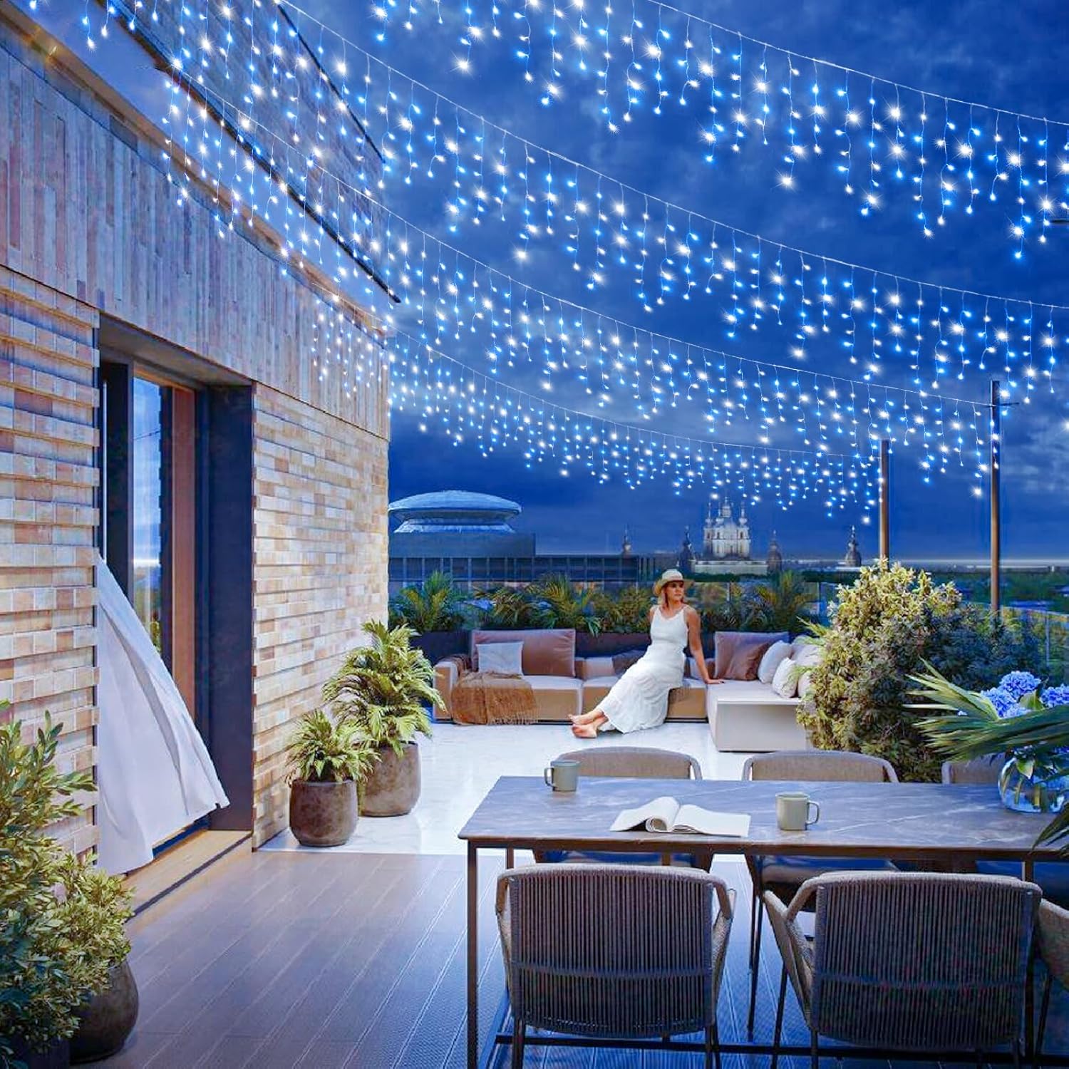 66ft Icicle Lights for Outside, Blue and White Christmas Lights Outdoor Indoor, 640 LED Twinkle